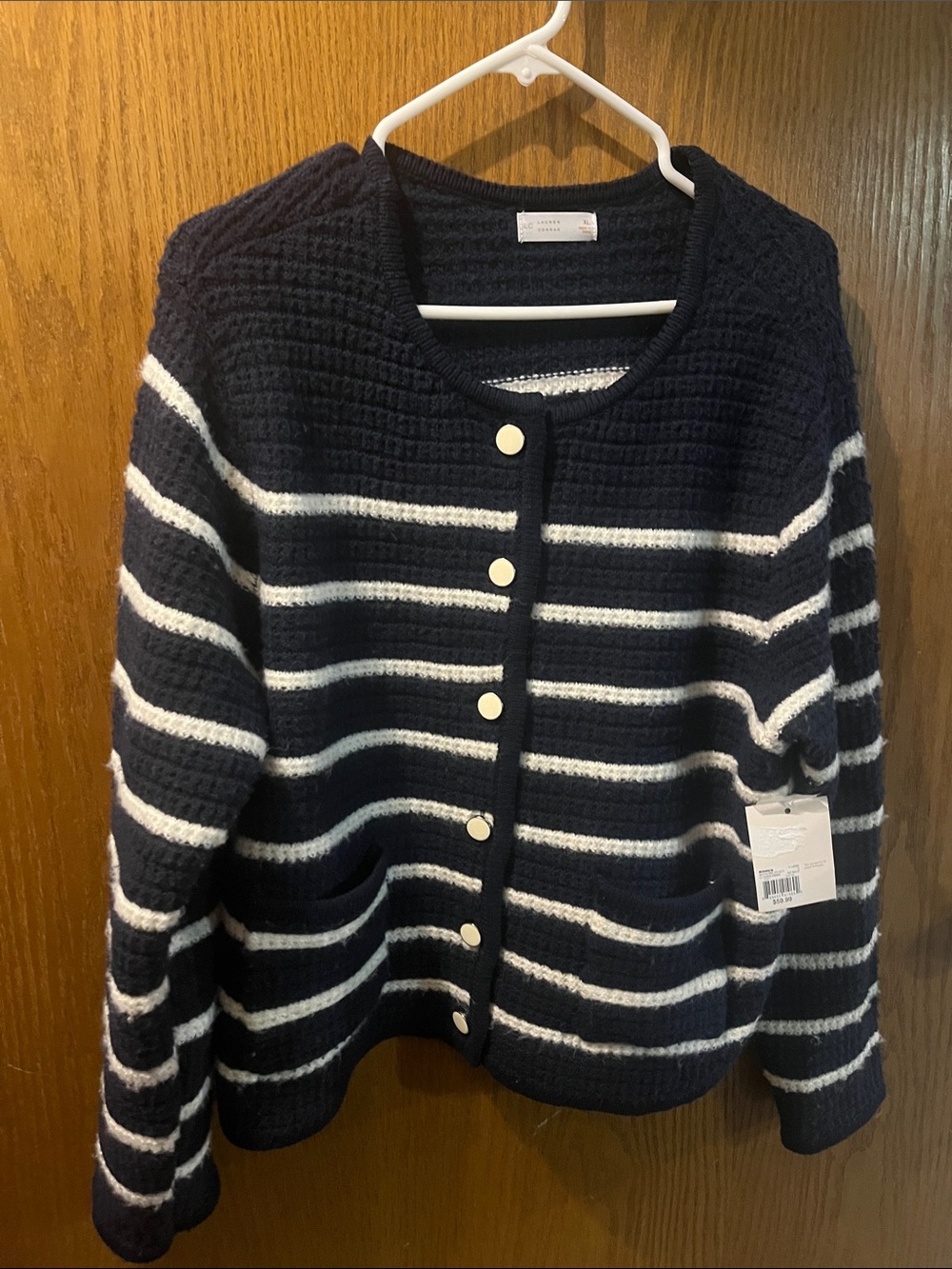 LC Lauren Conrad Navy and White Striped Button-Front Cardigan